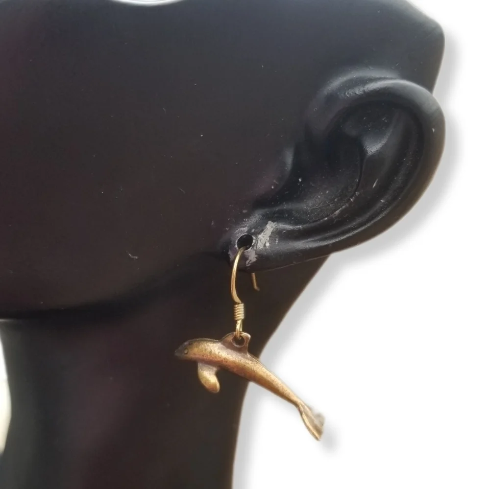 VINTAGE BRASS DOLPHIN DROP HOOK STYLE EARRINGS